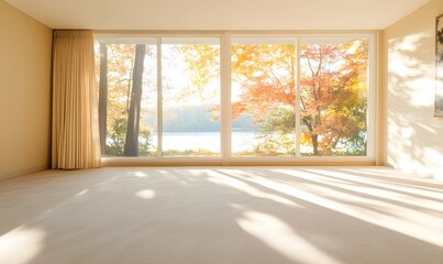 An empty room with floor-to-ceiling windows overlooking the lake and fall trees outside, Generative AI
