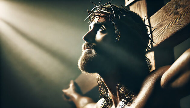 Jesus Christ on the Cross looking up with beams of light shining down