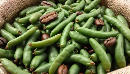  Freshly harvested coffee beans in a burlap sack