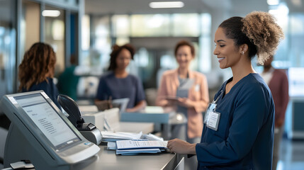 Patient Intake Stock Photo: Welcoming Reception in Modern Healthcare with Diverse Patients