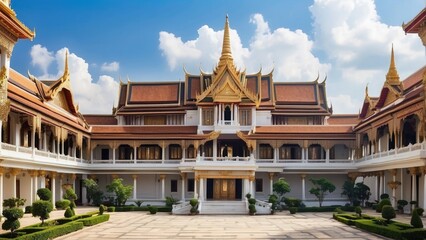 Grand palace with ornate balconies, large courtyards, and intricate architectural details