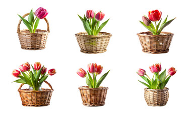 Obraz premium Tulips in Basket Vase with Clipping Path - Isolated PNG Image