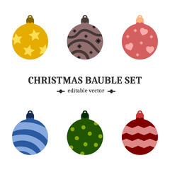 Festive Christmas bauble set decoration for winter season. Color Xmas balls in diverse styles. Editable EPS vector icons, clip art, graphic design elements.