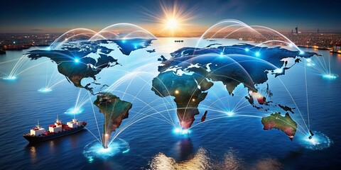 A global network of interconnected worlds through maritime shipping, freight, ships, containers