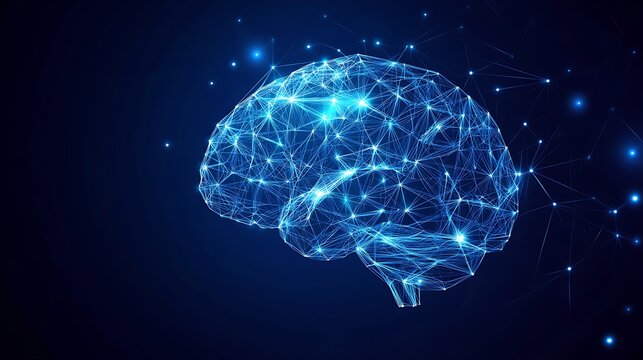 Abstract glowing brain with network lines and points on a dark blue background. - Powered by Adobe