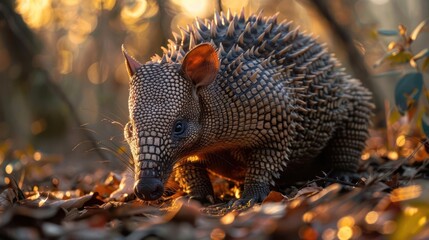 a young hedgehog, possibly a juvenile or baby, foraging on the forest floor during sunset.