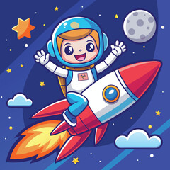 Fototapeta premium Cute Astronaut Riding Rocket And Waving Hand Cartoon Icon Illustration