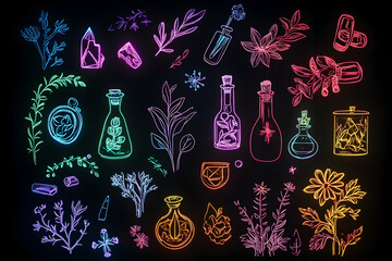 Neon outlines of potion ingredients glowing in the darkness isolated on black background