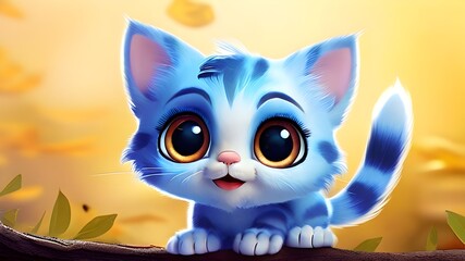 Obraz premium Adorable blue cat with large eyes in a playful and vibrant digital forest scene