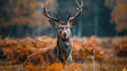 the beauty of a majestic deer standing in a field of golden leaves, with a serene forest background.