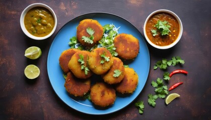 Fototapeta premium Delicious Indian snacks with chutneys and garnishes