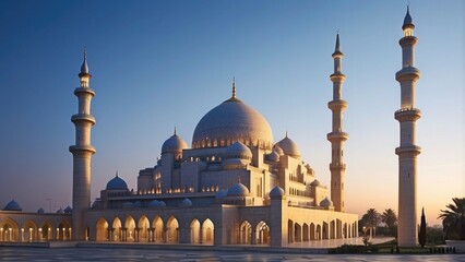 Majestic mosque with tall minarets and a large central dome, glowing in the evening light