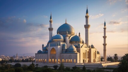 Obraz premium Majestic mosque with tall minarets and a large central dome, glowing in the evening light
