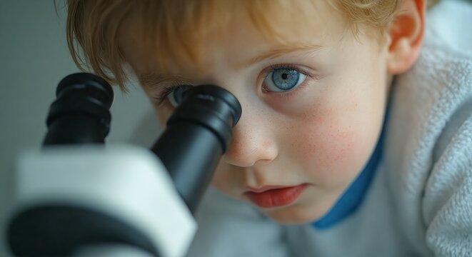 Intense close up of a redhead child looking through a microscope. This image beautifully captures the curiosity and concentration inherent in scientific discovery and childhood learning.
