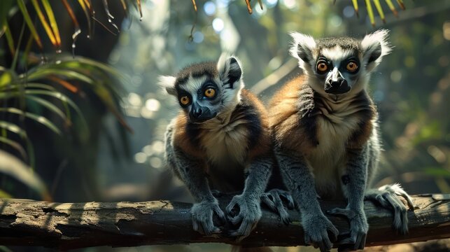 Two young mantled mangabeys sitting on a tree branch together.