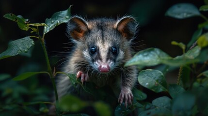 A baby possum with dark eyes and ears, sticking its face out from the foliage of a bush.