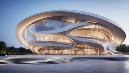 Fototapeta premium Modern concert hall with sweeping curves, large glass entrance, and open plaza.