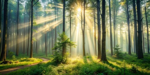 Obraz premium Misty forest with sunlight filtering through the trees, nature, foggy, mysterious, trees, foliage, lush, tranquil