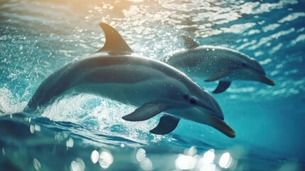 Naklejka premium Two dolphins leap through the turquoise water, sunlight sparkling around them.