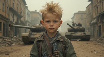 Powerful image of a young boy in rugged clothing standing before a military tank. This thought provoking portrait raises questions about childhood in conflict zones and the impact of war.