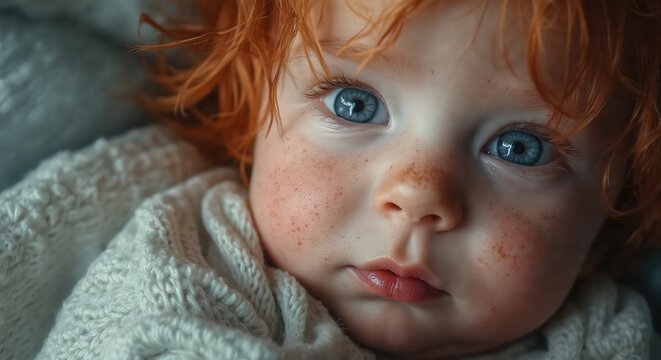 Adorable close up of a redhead toddler with bright blue eyes and freckles. Their chubby cheeks and innocent expression perfectly capture the sweetness of early childhood.