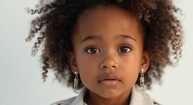 Striking portrait of a young African American girl with curly hair and bright, intelligent eyes. Her direct gaze and slight smile convey confidence and charm.