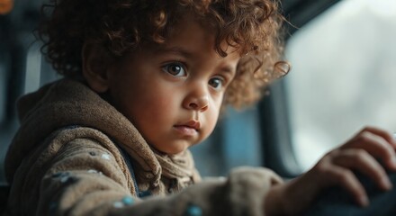 Obraz premium Emotive close up of a young child with curly hair and big, expressive eyes. Their vulnerable gaze creates a touching portrait of childhood innocence and emotion.
