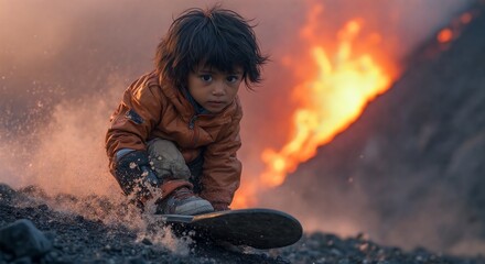 Dramatic image of a child on a skateboard amidst flames. This powerful shot symbolizes courage, adventure, and the fearless spirit of youth in the face of challenges.