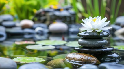 Pyramid of black stones and white flower, as background