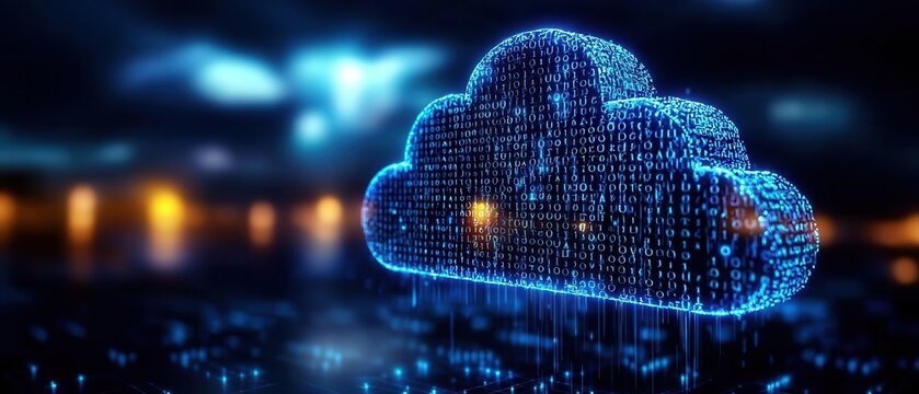 Cloud symbol with binary code raining down, representing digital solutions, online storage, and the power of cloud computing in modern problem-solving