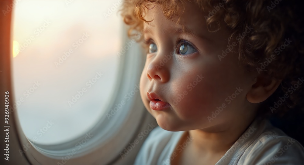 Wall mural close up of a young child gazing out of an airplane window. their expression of wonder captures the 