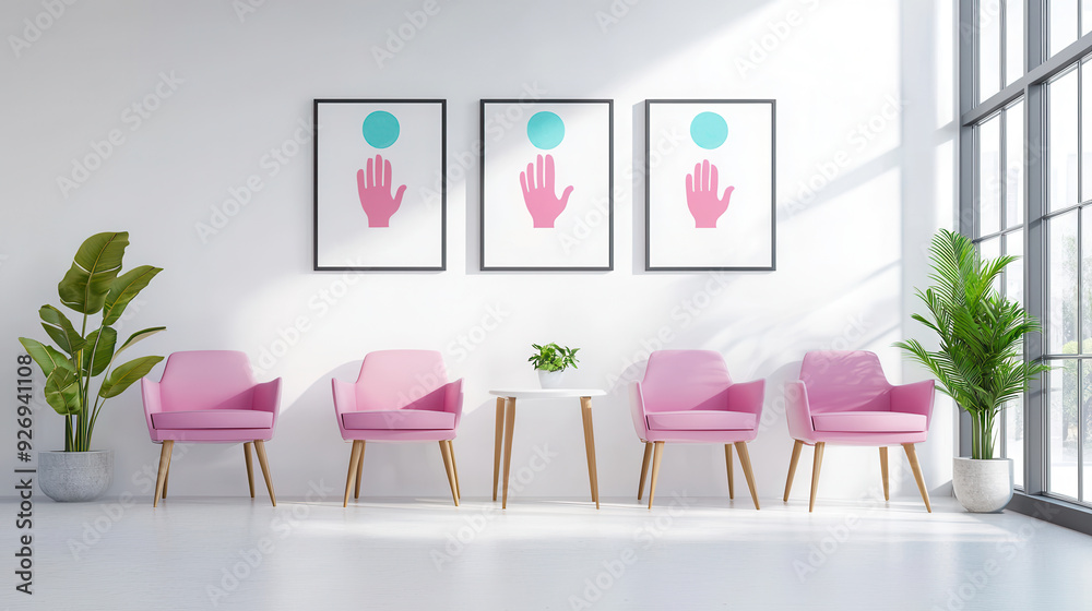 Poster Minimalist Waiting Area with Pink Armchairs and Abstract Art.