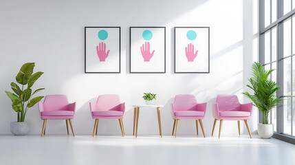 Minimalist Waiting Area with Pink Armchairs and Abstract Art.