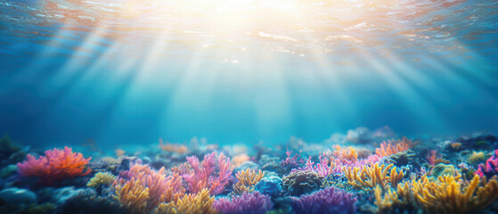 Sunlight beams through clear blue water illuminating colorful coral reef