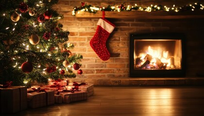 Fototapeta premium Cozy Christmas scene with fireplace, decorated tree, and stocking.