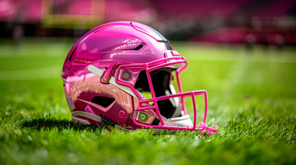 A pink American football helmet on display on the field in support of Breast Cancer Awareness. AI generated