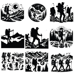 Hike man silhouette stock illustration Bundle, in silhouette, Adventure lover vector graphic design, Adventure Hike man vector, Hike silhouette