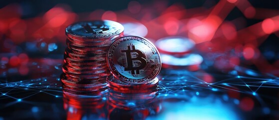 Close-up of shiny silver coins with blue and orange bokeh background