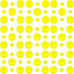 Happy Smiley Face Pattern: A seamless, cheerful and bright pattern of yellow smiley faces in various sizes against a white background, perfect for adding a touch of whimsy and positivity to any design