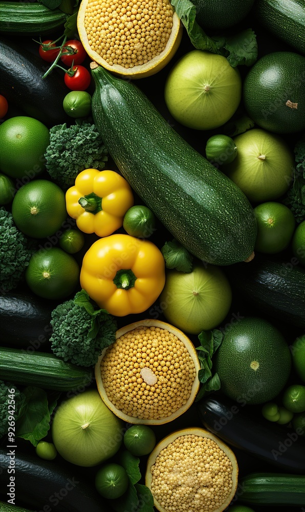 Poster Organic healthy green vegetables on colorful background