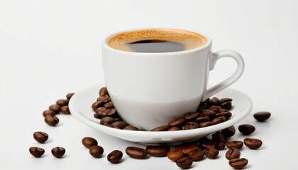 Fototapeta premium Coffee beans encircle a cup of coffee ready for brewing