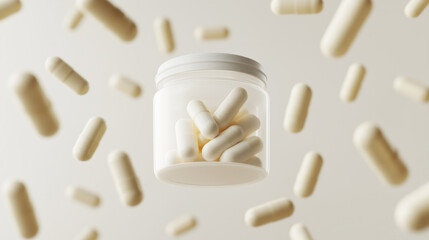 clear plastic pill blank bottle with floating pills a neutral background product photography blank label mockup supplements