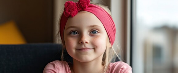 Smiling Girl With Cancer Looking Out The Window, Hope And Strength Reflected In Her Gaze