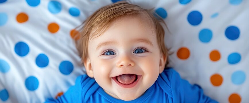 Smiling Infant In Blue, Crawling On A Bed, Curiosity In Every Tiny Movement