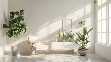 Fototapeta premium Minimalist Living Room with Vibrant Potted Plants and 3D Rendered Home Mockup