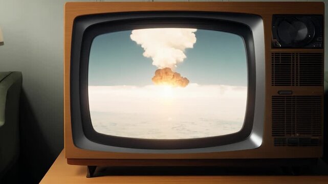 Vintage television showing nuclear explosion and turning to static white noise on isolated background