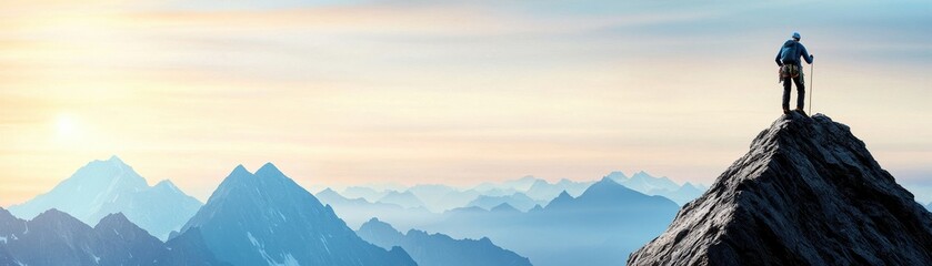 A lone climber stands triumphantly on a mountain peak, surrounded by breathtaking views of majestic peaks at sunrise.