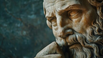 A close up of thoughtful statue, showcasing intricate details and contemplative expression. subject appears deep in thought, evoking sense of wisdom and reflection. 