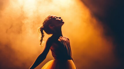 A young girl in dance pose, expressing joy and confidence, illuminated by warm light and surrounded by smoky atmosphere. 
