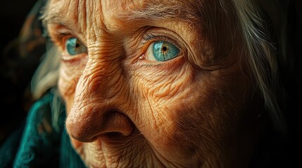 An elderly woman with striking blue eyes gazes thoughtfully, her face marked by deep wrinkles that tell story of long life. Her expression conveys wisdom and resilience. 
